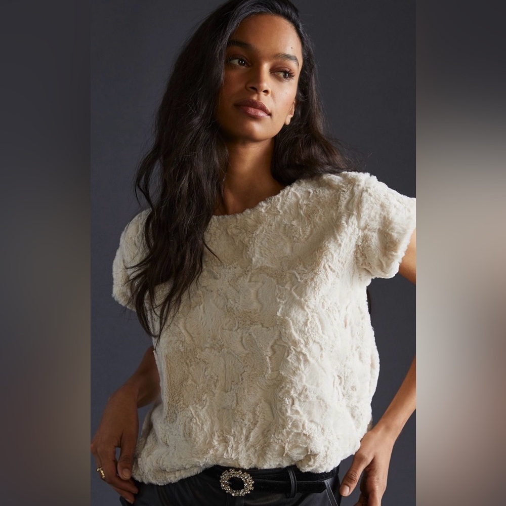 Maeve Cream Faux Fur Tee, Large